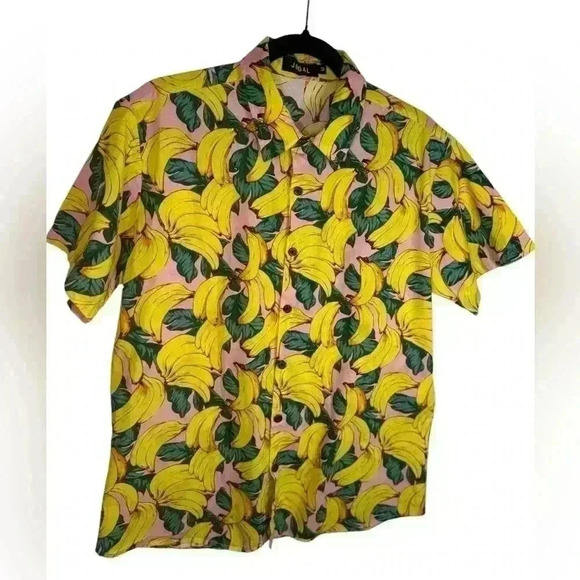 Jogal Shirt Men's Medium Banana Pattern Button Up Short Sleeve Tropical Leaf - Picture 1 of 11
